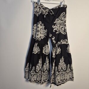 Celina Boho Wide Leg Pants Black White Paisley Elastic Waist Festival